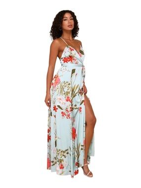 NWT Lulus Still the One Sage Green Floral Crisscross Back Satin Maxi Dress Sz S